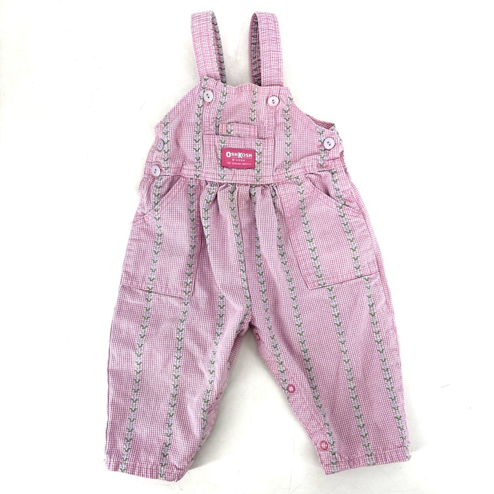 Vintage OSHKOSH B'GOSH Pink White Gingham Overalls Girl 12 Months USA Embroidery
